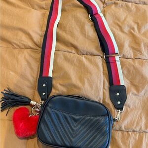 Black Quilted Crossbody Bag with Red Heart Charm